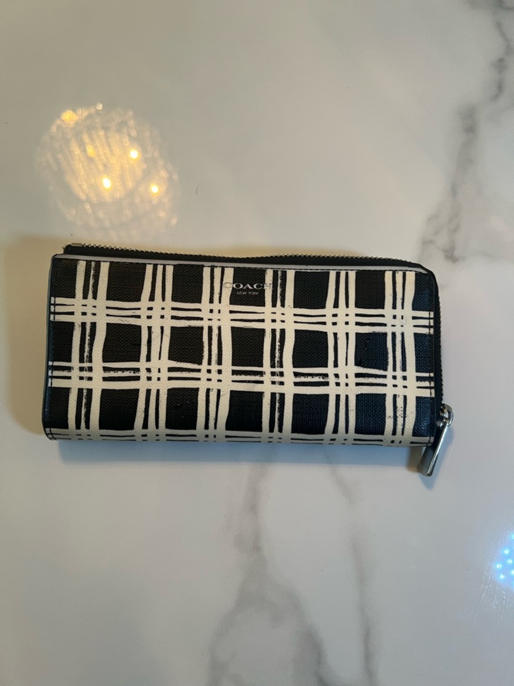 Coach Black and White Plaid Zip Wallet